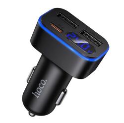 hoco. z63a autós töltő type-c+2 usb aljzat (42w, pd gyorstöltő 3.0, led kijelző) fekete (Z63A)