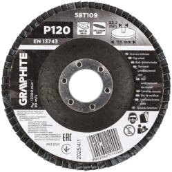 GRAPHITE Csiszolókorong lamellás 115x22, 2mm, P120 inox, fém, fa (58T109) (58T109)
