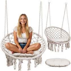 Sofotel Függőszék, Sofotel Boho, bézs, 80 x 63 cm ülés, fém váz, 100 cm poliészter-pamut kötél, párnával, 150 kg teherbírás, beltéri/kültéri (TE290012)