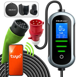 Qoltec 1 és 3 fázisú (230 V/400 V), állítható áramú (8- 16 A), max. 11 kW, időzíthető Type 2 EV (elektromos autó) töltő, 5 m. WiFi. 52720 (52720)