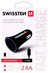 SWISSTEN Autós Töltő 2xUSB 2.4A + USB-C Kábel 1.2m Fekete