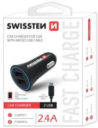 SWISSTEN CL autós töltő 2xUSB 2, 4A + MicroUSB kábel 1, 5m fekete