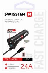 SWISSTEN 1xUSB 2.4A autós töltő USB-C kábellel Fekete