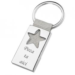  Breloc metalic gravat personalizat cu poza si textul tau. stea. 45x25 mm. argintiu