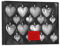 Sersimo Set 16 globuri decorative inima argintii din plastic, 4-7 cm (CA-0960)