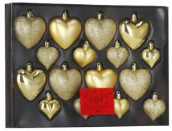 Sersimo Set 16 globuri decorative in forma de inima, aurii, din plastic, 4-7 cm (CA-0958)