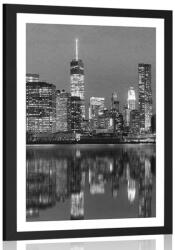 Dovido Poszter paszpartuval: Manhattan tükröződése a vízben fekete-fehér kivitelben. - 30x45 black