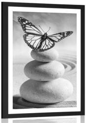 Dovido Poszter paszportuval a kövek és a pillangók egyensúlya fekete-fehérben - 40x60 black