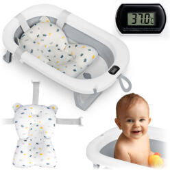 Ricokids Utazó gyerekkád, Ricokids RK-287, fehér/szürke, 85 x 45 cm, 45 l, összecsukható, hőmérővel, hőérzékelős dugóval, kivehető párnával, teherbírás: 45 kg, 0-3 éves korig (TE728702)