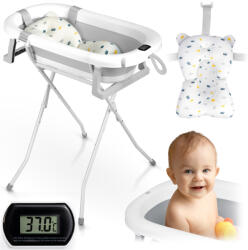 Ricokids Utazó gyerekkád, Ricokids RK-287, fehér/szürke, 85 x 45 cm, 45 l, összecsukható, hőmérővel, hőérzékelős dugóval, kivehető párnával, állvánnyal, teherbírás: 45 kg, 0-3 éves korig (TE728722)