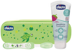 Chicco Fogkefe és Fluoridos Fogkrém Készlet Always Smiling Tokban Zöld 12 hónapos kortól - Gyengéd Mindennapi Fogápoláshoz
