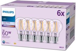 Philips Classic A60, E27, 60 W, hideg fehér, 6 darab
