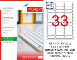 Tanex Etichete albe autoadezive, repozitionabile, 33/A4, 63.5x25.4mm, 25 coli/top, TANEX, colturi rotunjit (TX-TW-2033R)