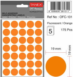 Tanex Etichete autoadezive rotunde, D19 mm, 175 buc/set, TANEX, portocaliu (TX-OFC-131-OG)