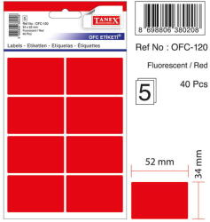 Tanex Etichete autoadezive, 34 x 52 mm, 40 buc/set, TANEX, rosu fluorescent (TX-OFC-120-FRE)