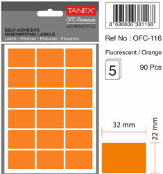 Tanex Etichete autoadezive, 22 x 32 mm, 90 buc/set, TANEX, portocaliu fluorescent (TX-OFC-116-FOG)