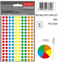 Tanex Etichete autoadezive rotunde, D 8 mm, 750 buc/set, TANEX, culori fluorescente asortate (TX-OFC-MX127)