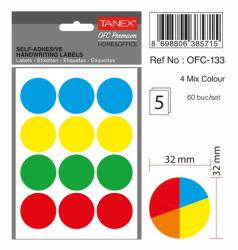 Tanex Etichete autoadezive rotunde, D32 mm, 60 buc/set, TANEX, culori fluorescente asortate (TX-OFC-MX133)