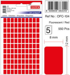 Tanex Etichete autoadezive, 8 x 12 mm, 550 buc/set, TANEX, rosu fluorescent (TX-OFC-104-FRE)