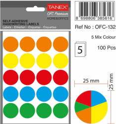 Tanex Etichete autoadezive rotunde, D25 mm, 100 buc/set, TANEX, culori fluorescente asortate (TX-OFC-MX132)