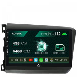 Autodrop Navigatie Honda Civic (2012-2015), Android 12, A-Octacore , 4GB RAM , 64GB ROM, 9 Inch - AD-BGA9004, AD-BGRKIT007 (AD-BGA9004+AD-BGRKIT007)