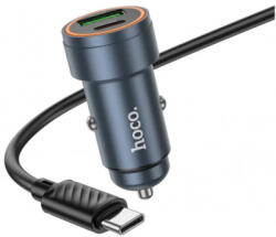 hoco. Z57A szivargyujtós, autós töltő, szürke (30W, 3A, 1 x USB-A, 1 x USB-C + USB-C töltőkábel)