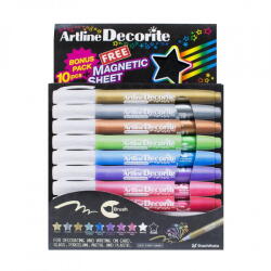 Artline Marker ARTLINE Decorite, varf rotund 1.0mm, 10 culori metalizate/set + 1 folie magnetica neagra (EDF-1/BP/10MB1)