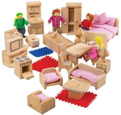Bigjigs Toys Set din lemn Bigjigs - Mobilieri pentru casuta de papusi, cu 4 papusi (BJ039) Casuta papusi