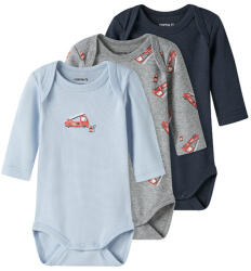 NAME IT Set 3 body bebe, mânecă lungă, băieți, bleu/gri/gri petrol, 50-98 albastru, gri/Grey Melange (14B97A)