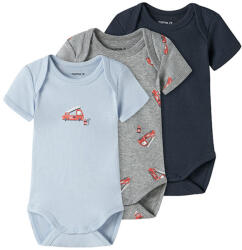 NAME IT Set 3 body bebe băieți, mânecă scurtă, masinute, bleu/gri/gri petrol, 50-98 albastru, gri/Grey Melange (14B970)
