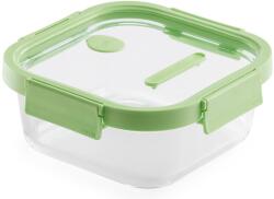 Lékué Glass Container Square hőálló üveg ételtároló doboz szivárgásmentes és gőzszelepes üvegfedővel, négyzetes, 1100ml, dátumjelölő, halmozható, áttetsző/zöld - 884023 (LK884023)