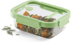 Lékué Glass Container Rectangular hőálló üveg ételtároló doboz szivárgásmentes és gőzszelepes üvegfedővel, téglalap, 1050ml, dátumjelölő, halmozható, áttetsző/zöld - 883903 (LK883903)