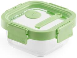 Lékué Glass Container Square hőálló üveg ételtároló doboz szivárgásmentes és gőzszelepes üvegfedővel, négyzetes, 320ml, dátumjelölő, halmozható, áttetsző/zöld - 883965 (LK883965)