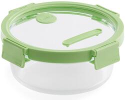 Lékué Glass Container Round hőálló üveg ételtároló doboz szivárgásmentes és gőzszelepes üvegfedővel, kerek, 950ml, dátumjelölő, halmozható, áttetsző/zöld - 884085 (LK884085)