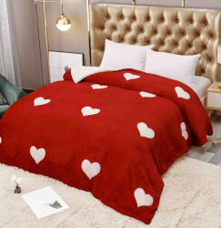 Jojo Home Patura cocolino groasa cu blanita alba 200x230cm, doua fete, rosie, inimioare albe - F111 (F111) Patura