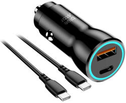  Autós töltő, Szivargyújtós töltő, 30W, USB aljzat, USB Type-C aljzat, USB Type-C - USB Type-C kábellel, gyorstöltés, QC 3.0, PD, AFC, PPS, Blue Star, fekete