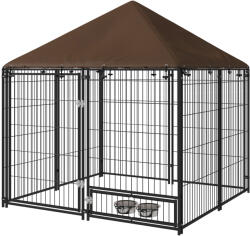 PawHut Țarc pentru câini din metal și material Oxford cu ușiță pentru boluri, 141x141x151 cm, negru și maro