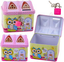 LEAN Toys Skarbonka, bagoly mintás, zárható, rózsaszín/sárga (22086)