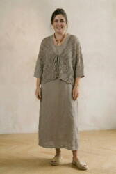 Rosa 99 Compleu rochie lunga din in cu blazer dantelat si croi lejer boem elegant, bej inchis Talie unica