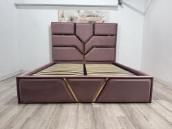 MobAmbient Pat tapitat 180 x 200 cm cu inserții aurii și ladă depozitare, roz - model LYNE