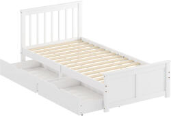 HomCom Cadru de pat 90x190cm din lemn masiv, 2 sertare pe roți, tăblie, picior de pat, somier cu lamele, alb | Aosom Romania (83D-032V00WT)