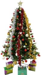 Flippy Karácsonyi Műfenyő és Díszítő Elemek Készlet, piros fenyőtobozokkal díszítve, magasság 210 cm, átmérő 137 cm, 1172 ág, zöld, fém tartóval együtt (113071)