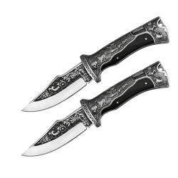 Depox Set doua cutite pliabile de vânătoare, DEPOX®, lamă inox clip point, mâner metal și lemn, negru, 23 cm (0473)
