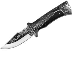 Depox Cuțit pliabil de vânătoare, DEPOX®, lamă inox clip point, mâner metal și lemn, negru, 23 cm (0472)