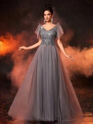 Shein Szürke Klasszikus Bő Szabású Maxi Ruha V-nyakkivágás Flitteres Shein 34