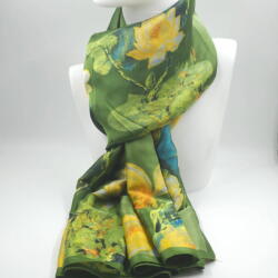 Shopika Esarfa dreptunghiulara tip pareo, cu imprimeu flori de lotus pe fond verde