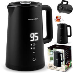 Berdsen Vízforraló, Berdsen BD-709, 1700 ml, fekete, 1850-2200 W, duplafalú, érintőpaneles hőfokbeállítás, nem melegedő fogantyú, melegen tartás 2 óráig, 360°-os talp, hőmérővel (TE370900)