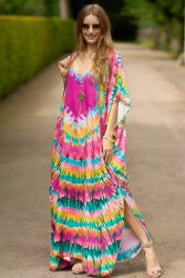 SHOPIKA Rochie boema de plaja lunga oversize, tip poncho din bumbac si vascoza, cu imprimeu Tie-Dye Talie unica