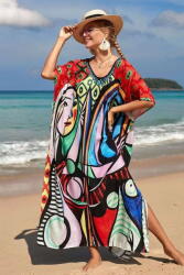 SHOPIKA Rochie boema de plaja lunga oversize, tip poncho din bumbac si vascoza, cu imprimeu artistic-Picasso Talie unica