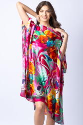 SHOPIKA Rochie de plaja tip poncho din matase cu trandafiri orange pe fond fucsia Talie unica